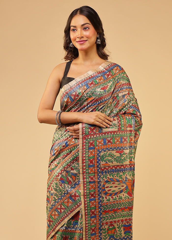 Multicolor Handloom Tussar Pure Silk Saree With Blouse Piece
