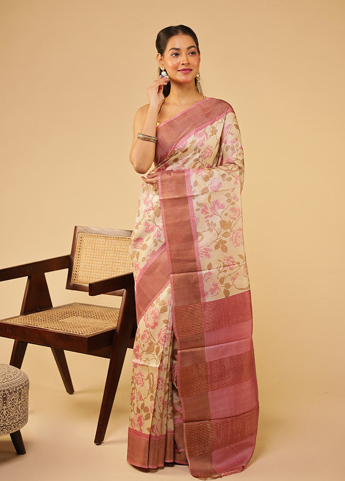 Cream Tussar Silk Saree With Blouse Piece