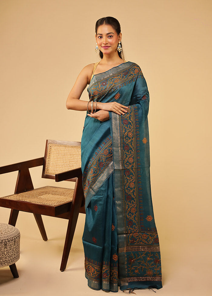 Blue Tussar Silk Saree With Blouse Piece