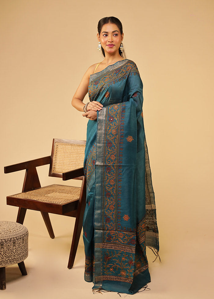Blue Tussar Silk Saree With Blouse Piece