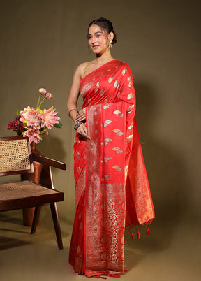 Red Dupion Silk Saree With Blouse Piece