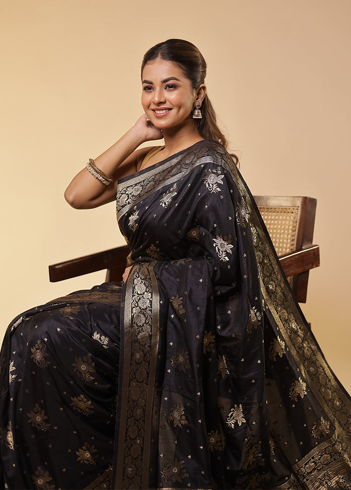 Black Dupion Silk Saree With Blouse Piece