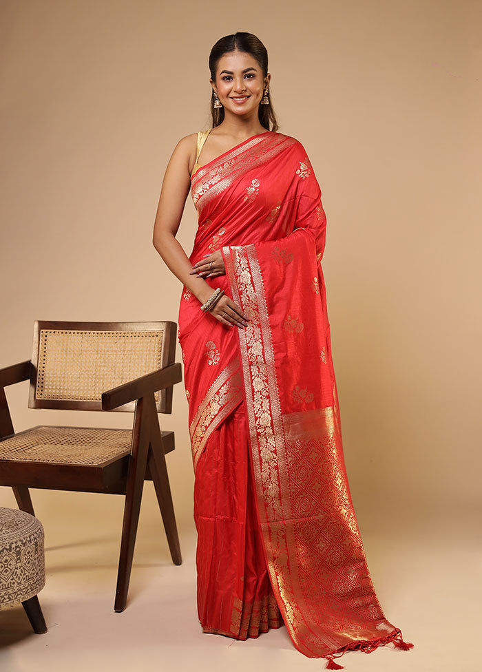 Red Dupion Silk Saree With Blouse Piece