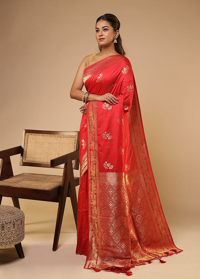 Red Dupion Silk Saree With Blouse Piece