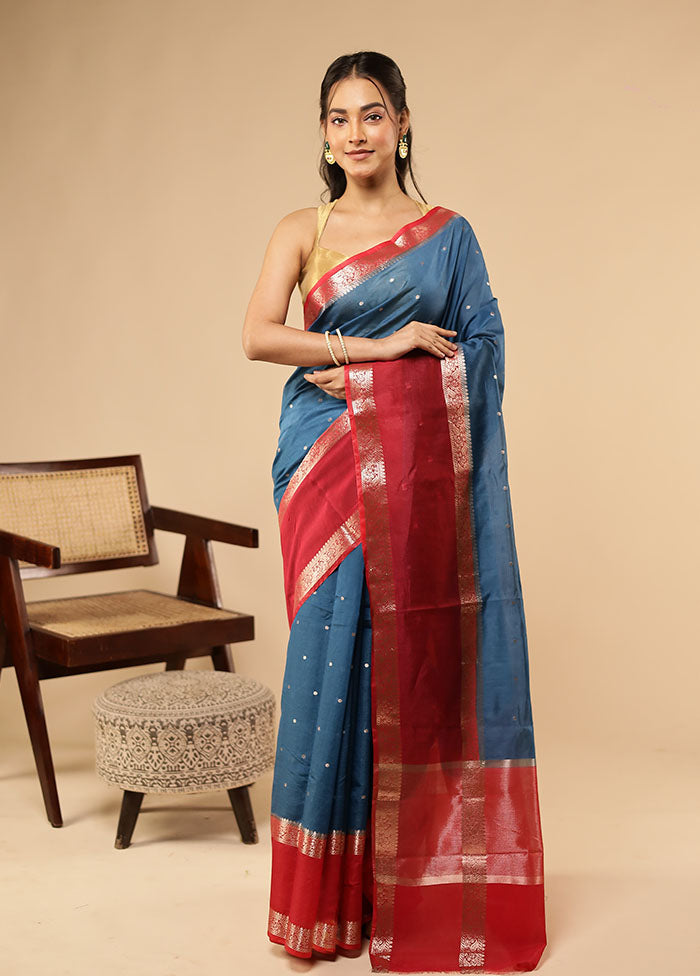 Blue Dupion Silk Saree With Blouse Piece