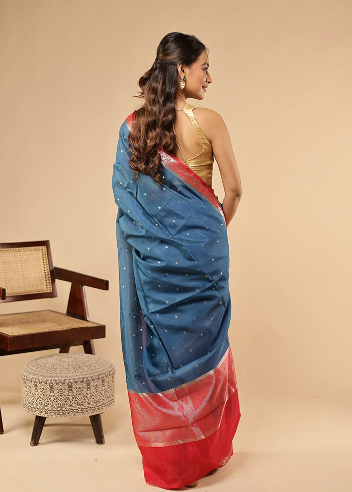 Blue Dupion Silk Saree With Blouse Piece