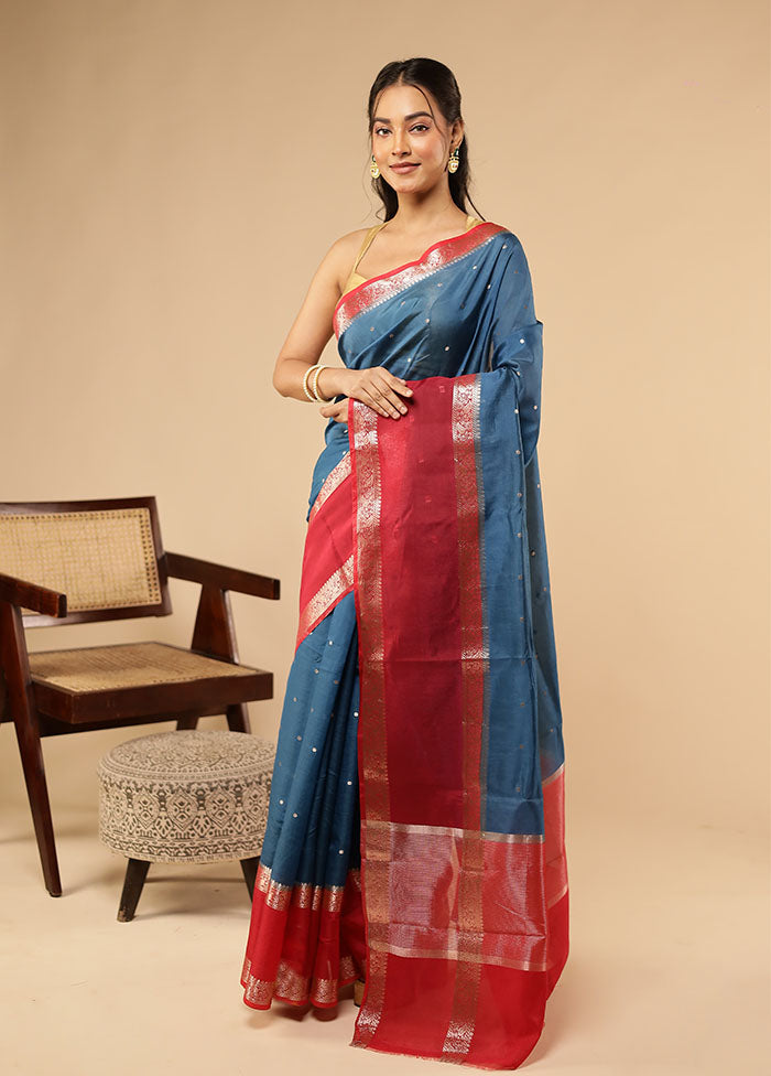 Blue Dupion Silk Saree With Blouse Piece