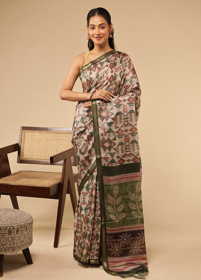 Cream Tussar Silk Saree With Blouse Piece