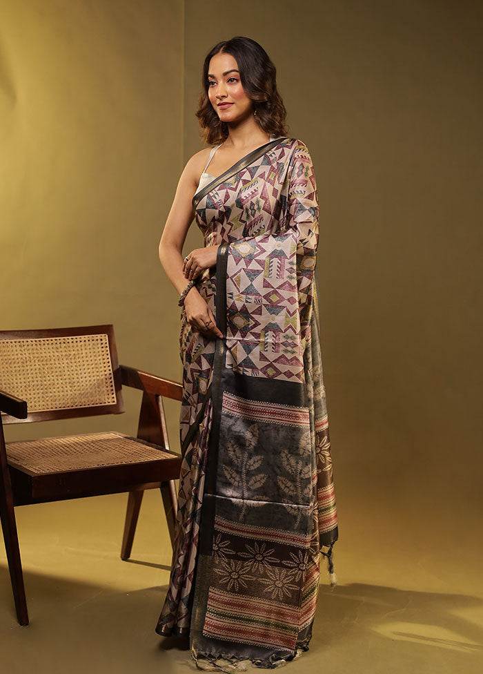 Cream Tussar Silk Saree With Blouse Piece