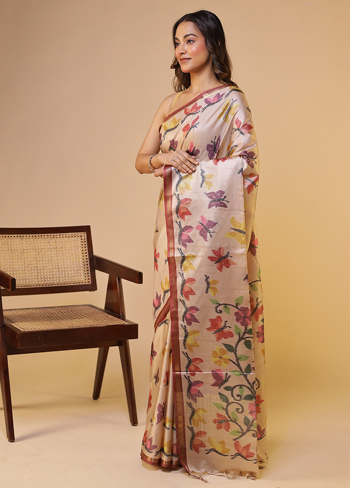 Pink Tussar Silk Saree With Blouse Piece