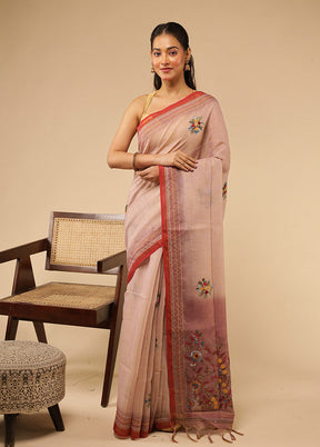Cream Linen Silk Saree With Blouse Piece