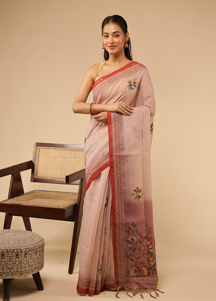 Cream Linen Silk Saree With Blouse Piece