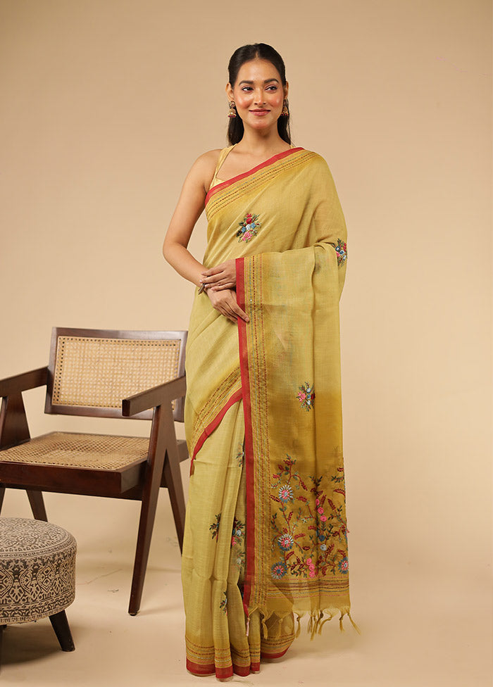 Yellow Linen Silk Saree With Blouse Piece