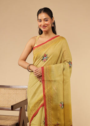 Yellow Linen Silk Saree With Blouse Piece