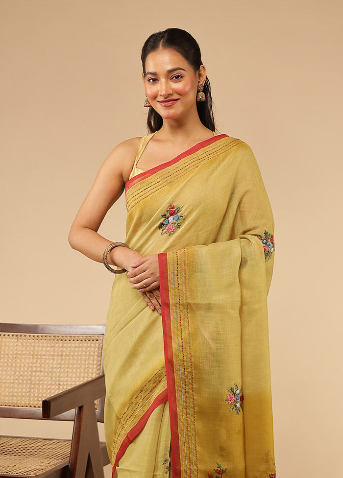 Yellow Linen Silk Saree With Blouse Piece