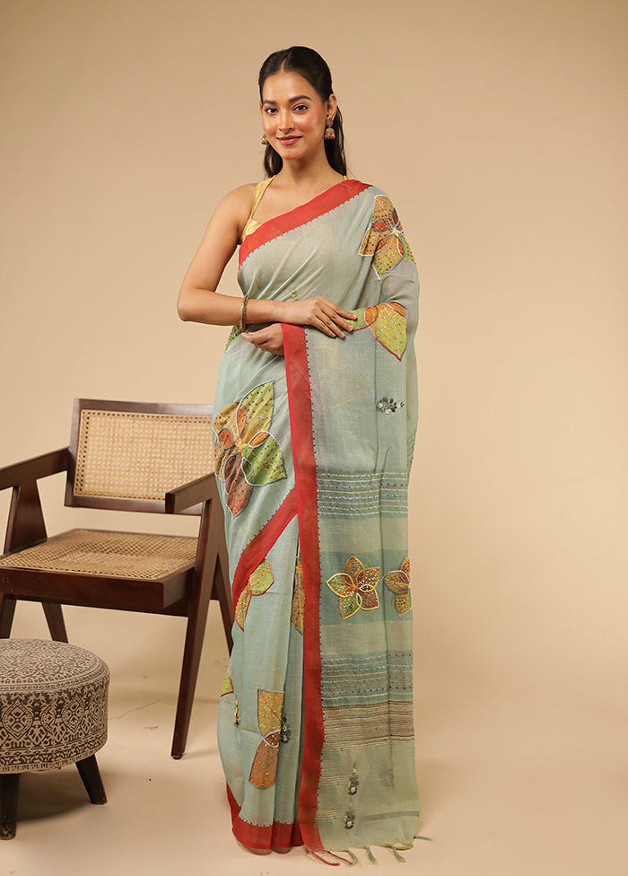 Green Linen Silk Saree With Blouse Piece