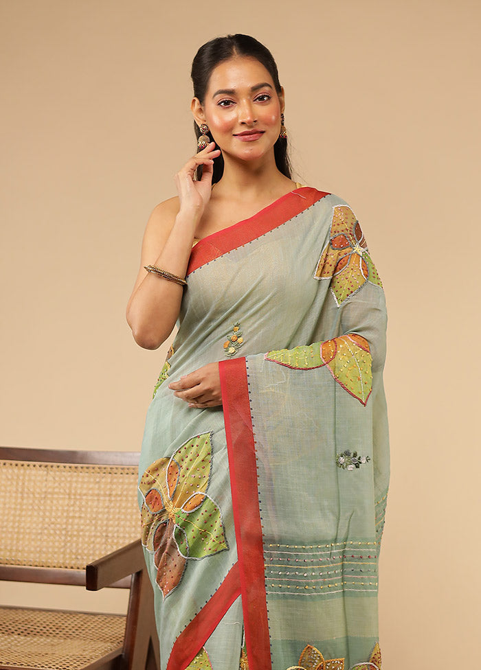 Green Linen Silk Saree With Blouse Piece