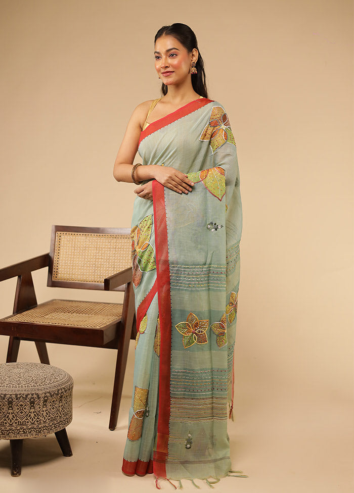 Green Linen Silk Saree With Blouse Piece
