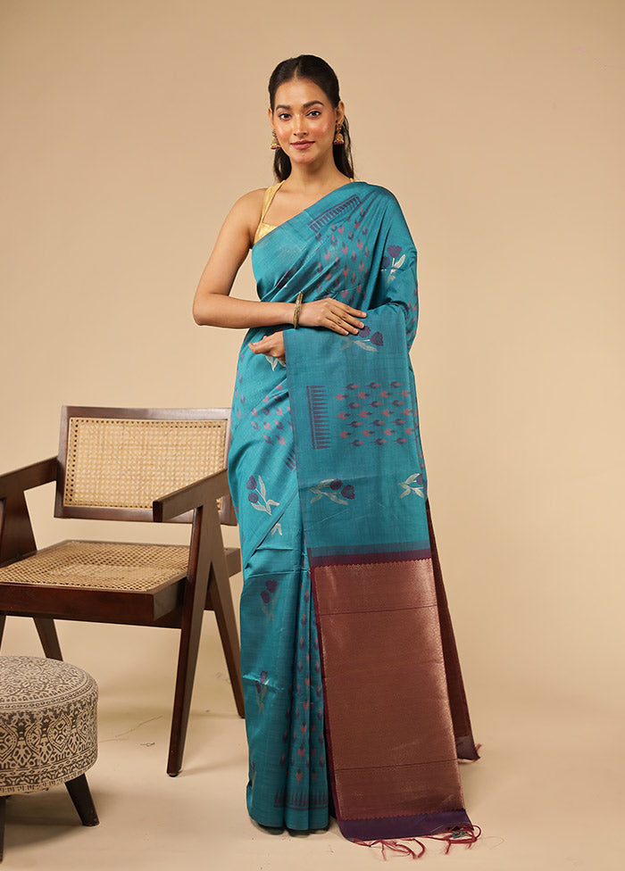 Blue Tussar Silk Saree With Blouse Piece