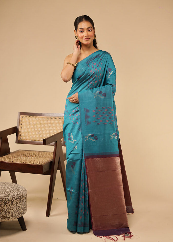 Blue Tussar Silk Saree With Blouse Piece