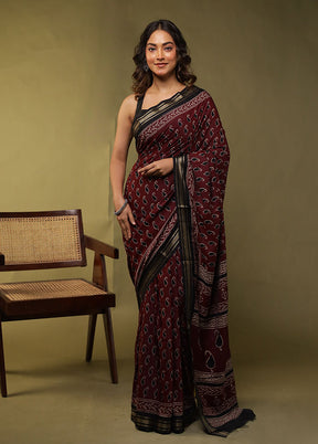 Maroon Chanderi Cotton Saree With Blouse Piece