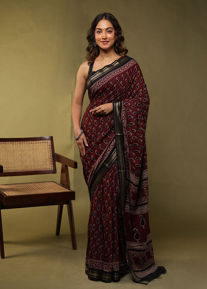 Maroon Chanderi Cotton Saree With Blouse Piece