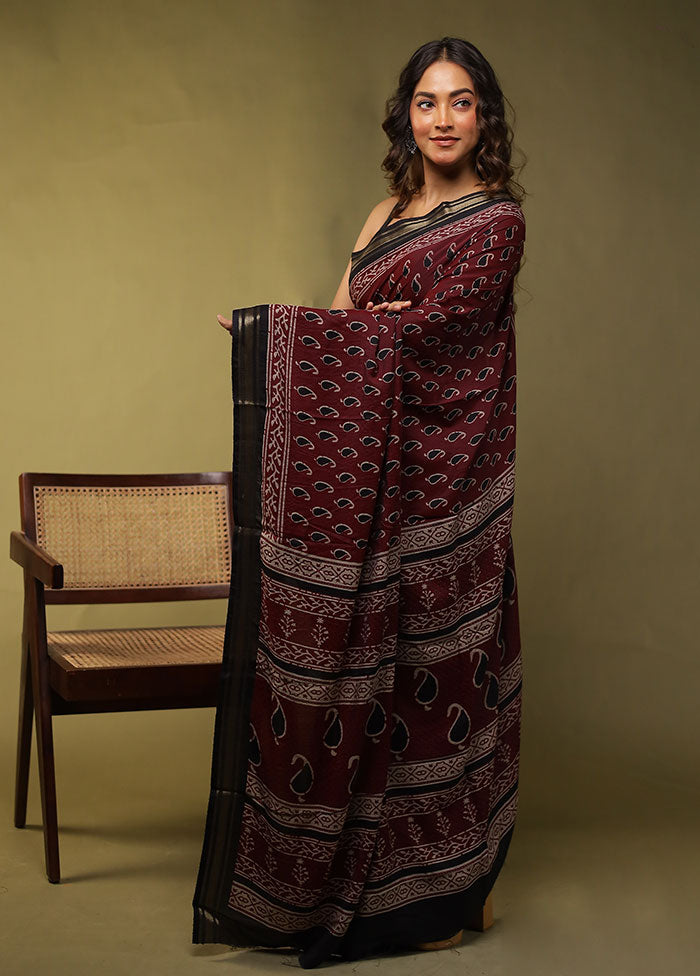 Maroon Chanderi Cotton Saree With Blouse Piece
