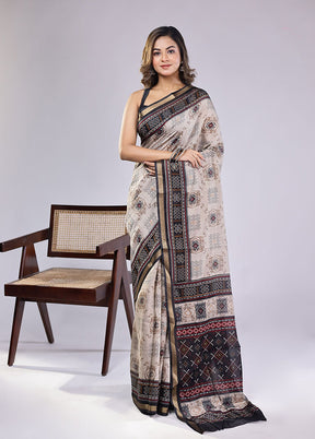 Cream Chanderi Cotton Saree With Blouse Piece