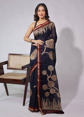Blue Chanderi Cotton Saree With Blouse Piece