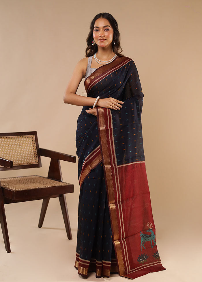 Blue Chanderi Cotton Saree With Blouse Piece