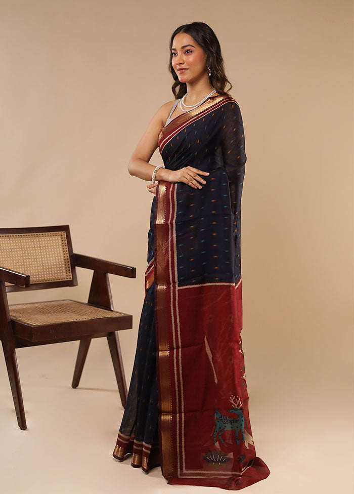 Black Chanderi Cotton Saree With Blouse Piece