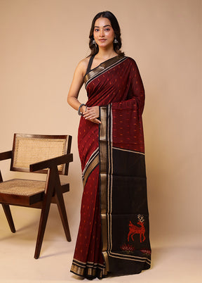 Maroon Chanderi Cotton Saree With Blouse Piece