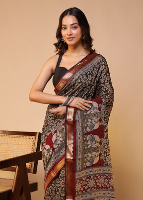 Green Chanderi Cotton Saree With Blouse Piece