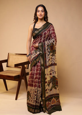 Maroon Chanderi Cotton Saree With Blouse Piece