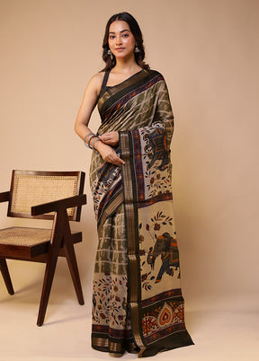 Cream Chanderi Cotton Saree With Blouse Piece