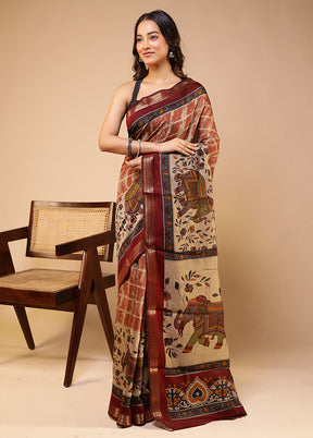 Cream Chanderi Cotton Saree With Blouse Piece