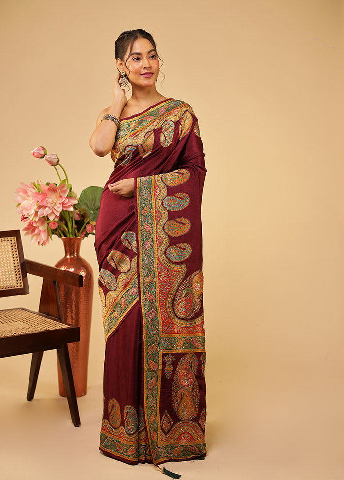 Maroon Handloom Pure Georgette Saree With Blouse Piece