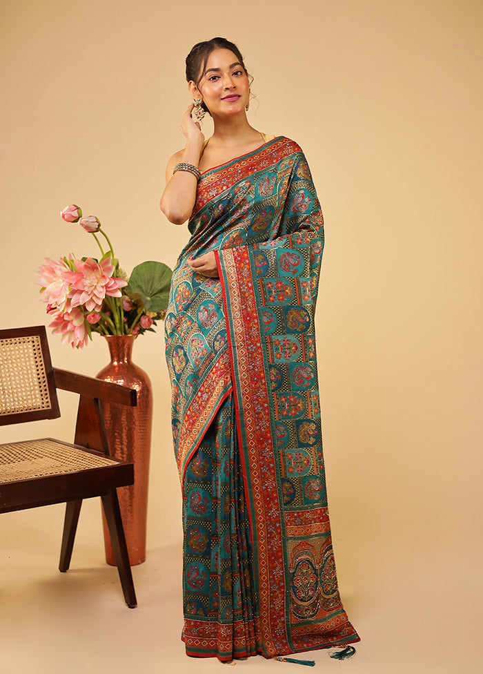 Green Handloom Pure Georgette Saree With Blouse Piece