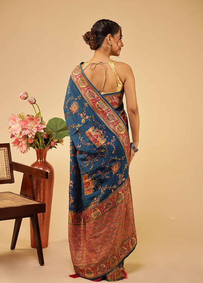 Blue Handloom Pure Georgette Saree With Blouse Piece