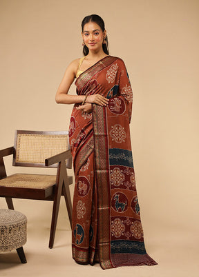 Rust Chanderi Cotton Saree With Blouse Piece