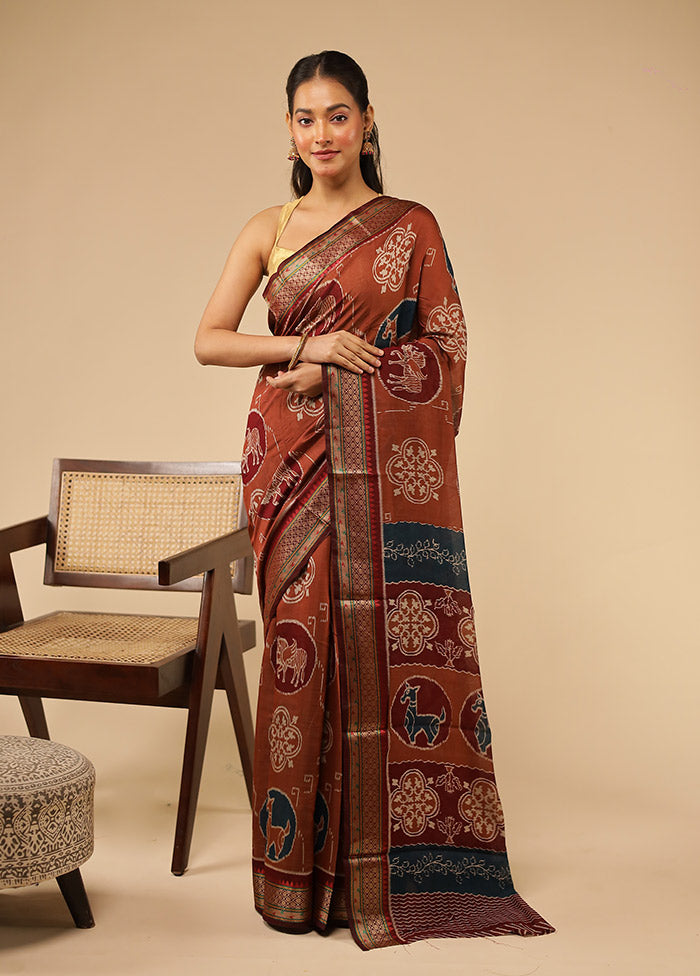 Rust Chanderi Cotton Saree With Blouse Piece