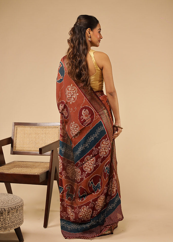 Rust Chanderi Cotton Saree With Blouse Piece