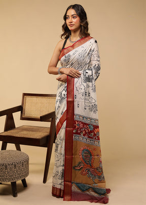 White Chanderi Cotton Saree With Blouse Piece