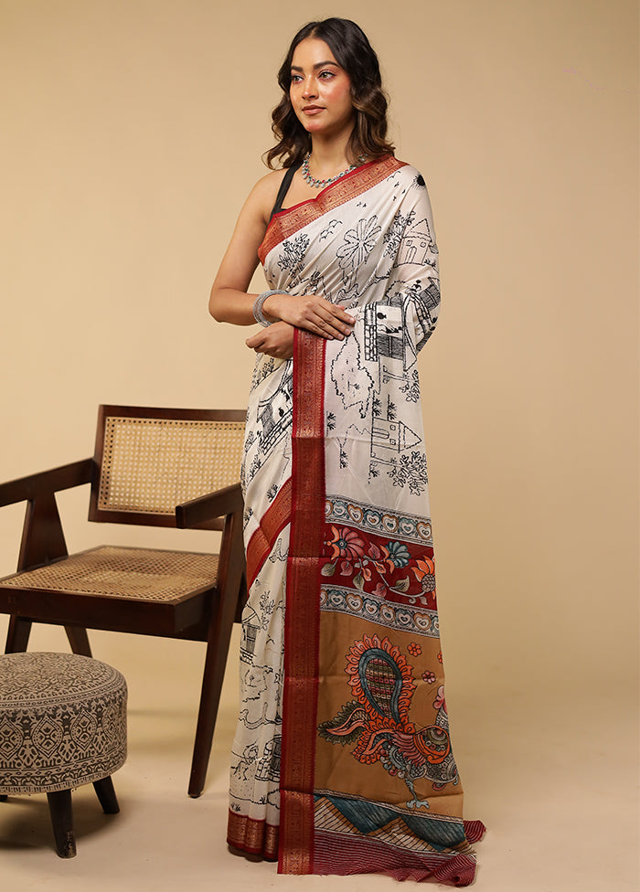 White Chanderi Cotton Saree With Blouse Piece