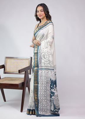 White Chanderi Cotton Saree With Blouse Piece