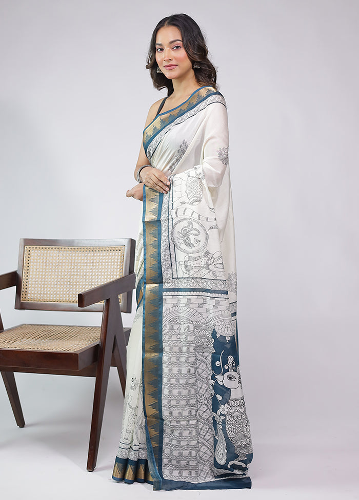 White Chanderi Cotton Saree With Blouse Piece