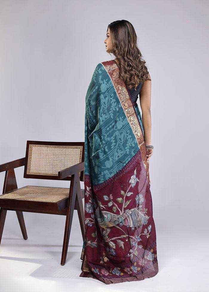 Green Chanderi Cotton Saree With Blouse Piece