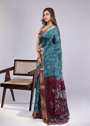 Green Chanderi Cotton Saree With Blouse Piece