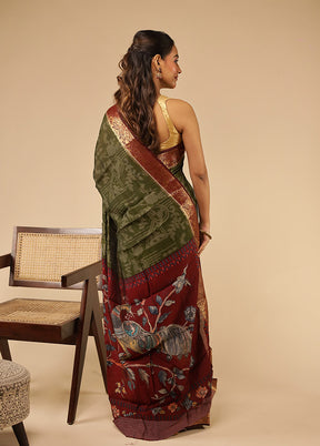 Green Chanderi Cotton Saree With Blouse Piece