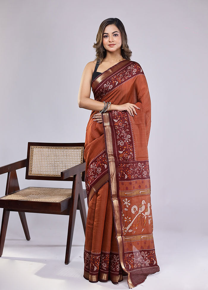 Rust Chanderi Cotton Saree With Blouse Piece
